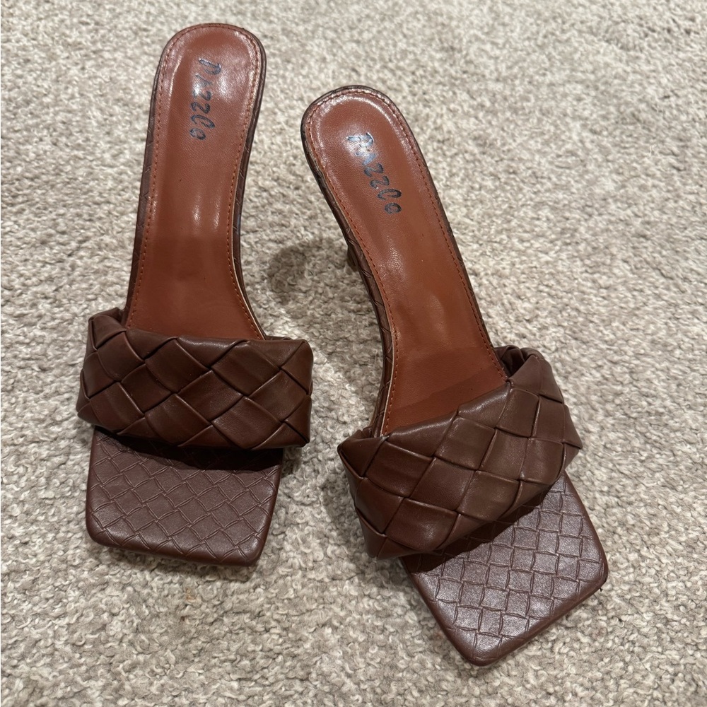 Brown Woven Faux Leather Sandal Heels